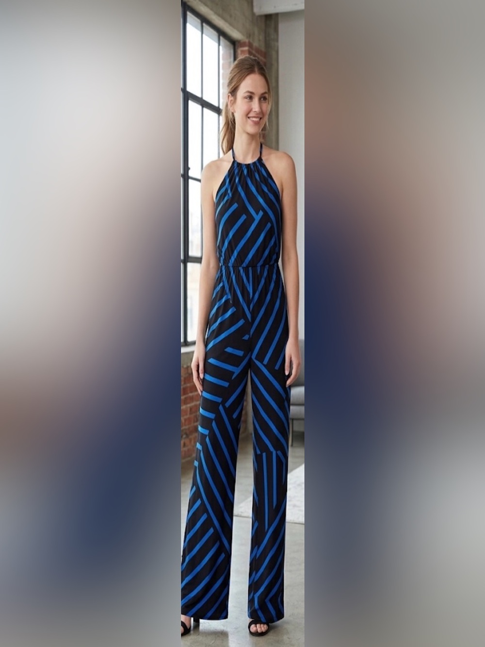 Moa Moa Black & Blue Halter Wide-Leg Strapless Jumpsuit great condition size sm